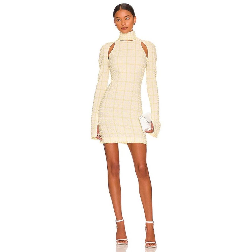 Nanushka Yellow White Gingham Cut Out Long Sleeve Kali Mini Dress Size XS